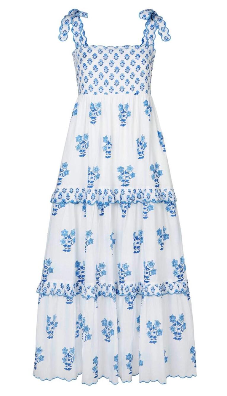 PINK CITY PRINTS Tuckernuck Athens Sky Daffodil Blue Block Midi Scalloped Dress